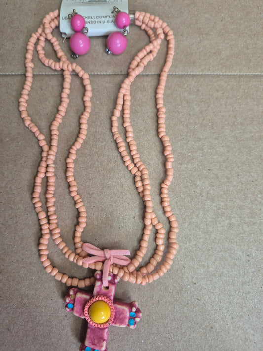 Pink Cross Necklace earring set